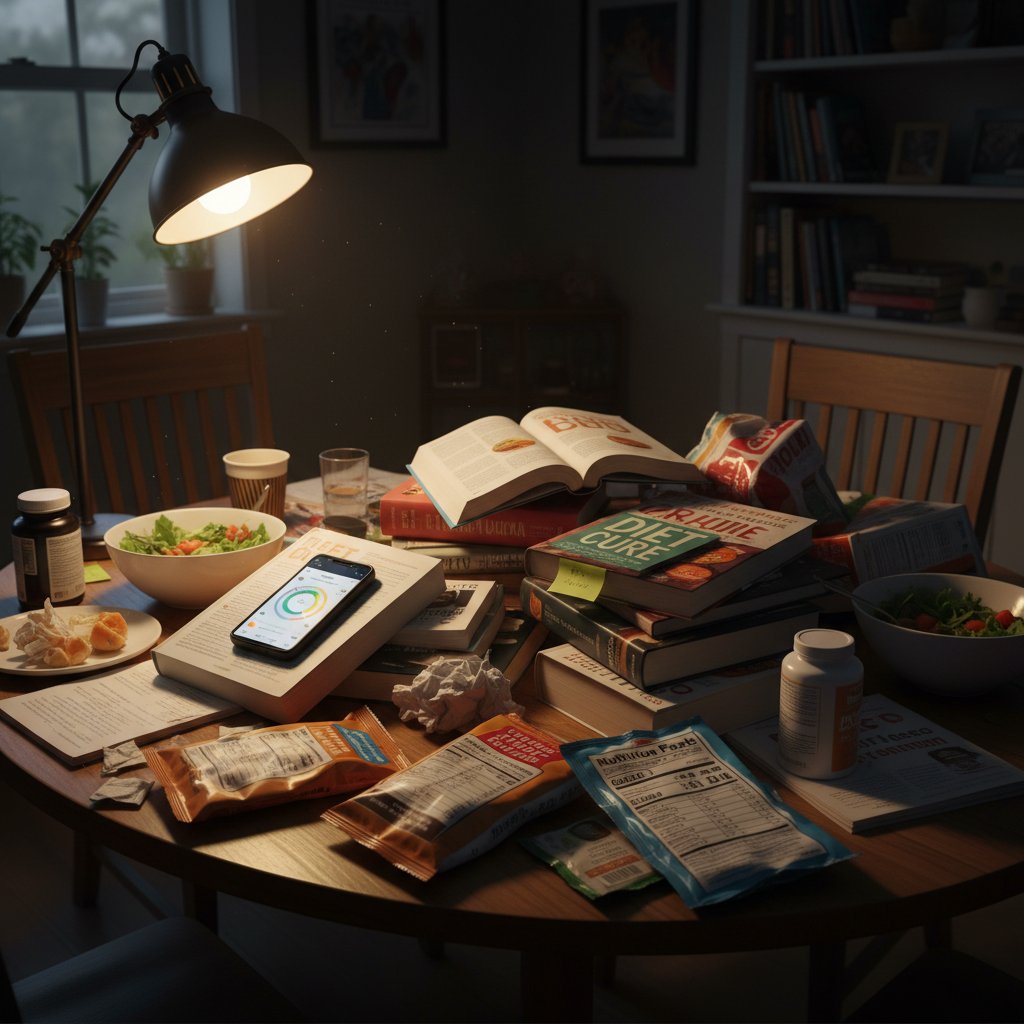 Stół pełen książek o dietach, telefon z trendami żywieniowymi na ekranie i lupa na etykietach produktów w dramatycznym świetle