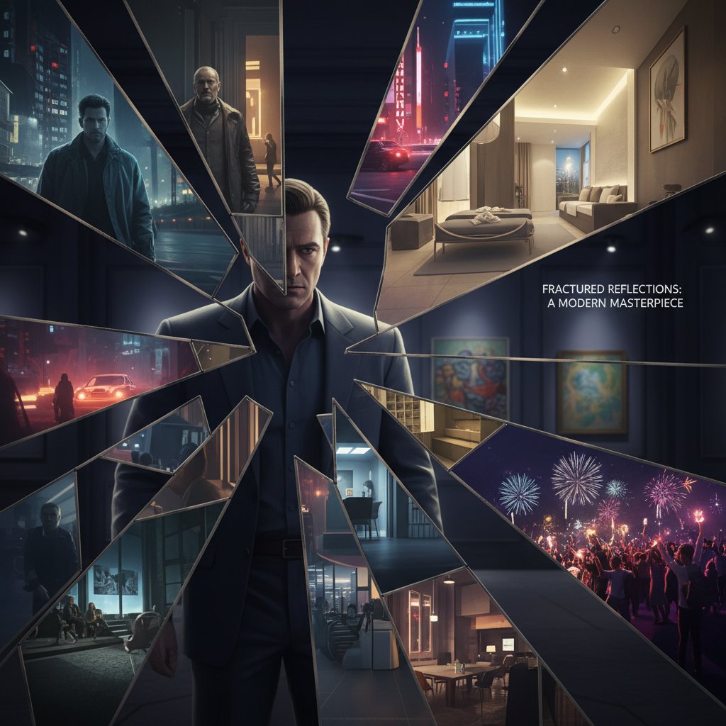 Character facing their fractured reflection, modern masterpiece reflection movie scene