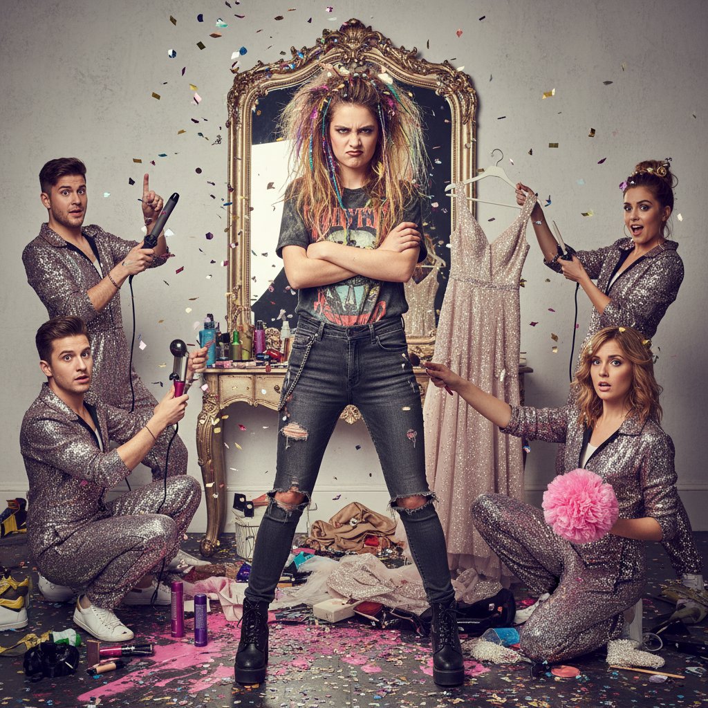 A character stands firm, refusing society's idea of transformation—symbolic photo, movie sudden transformation comedy