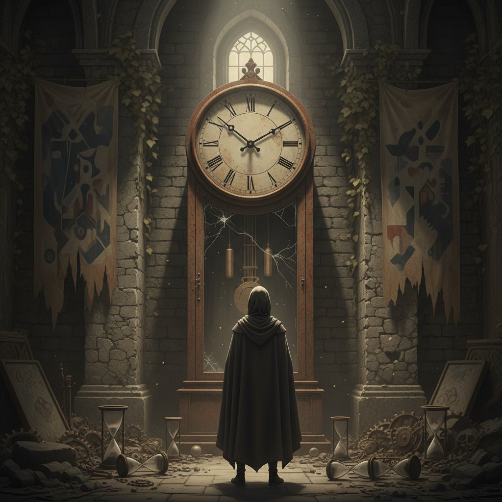 Close-up of a character staring at a stopped clock, existential expression, subdued colors, symbolizing the introspective dimension of the time-stop genre