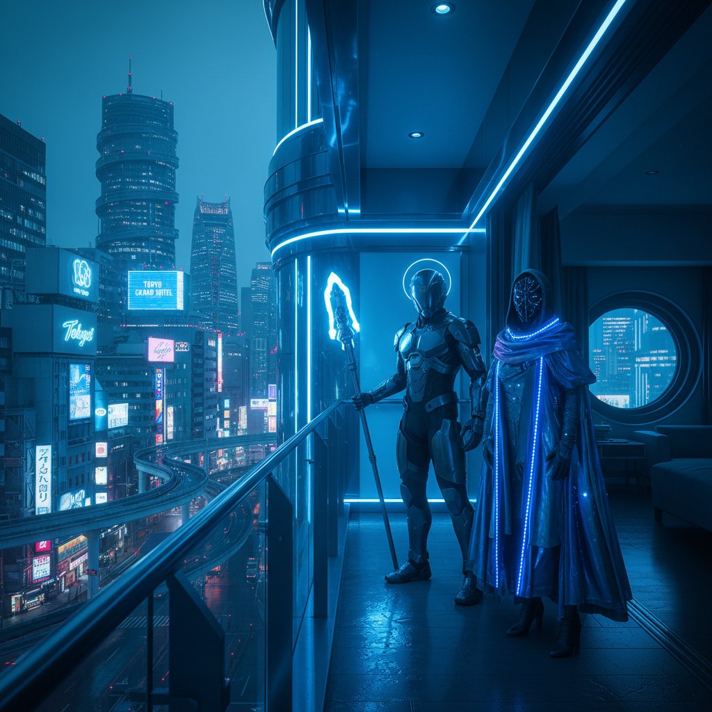 Characters in blue neon light in Tokyo hotel, capturing the mood of movie lost in translation cinema