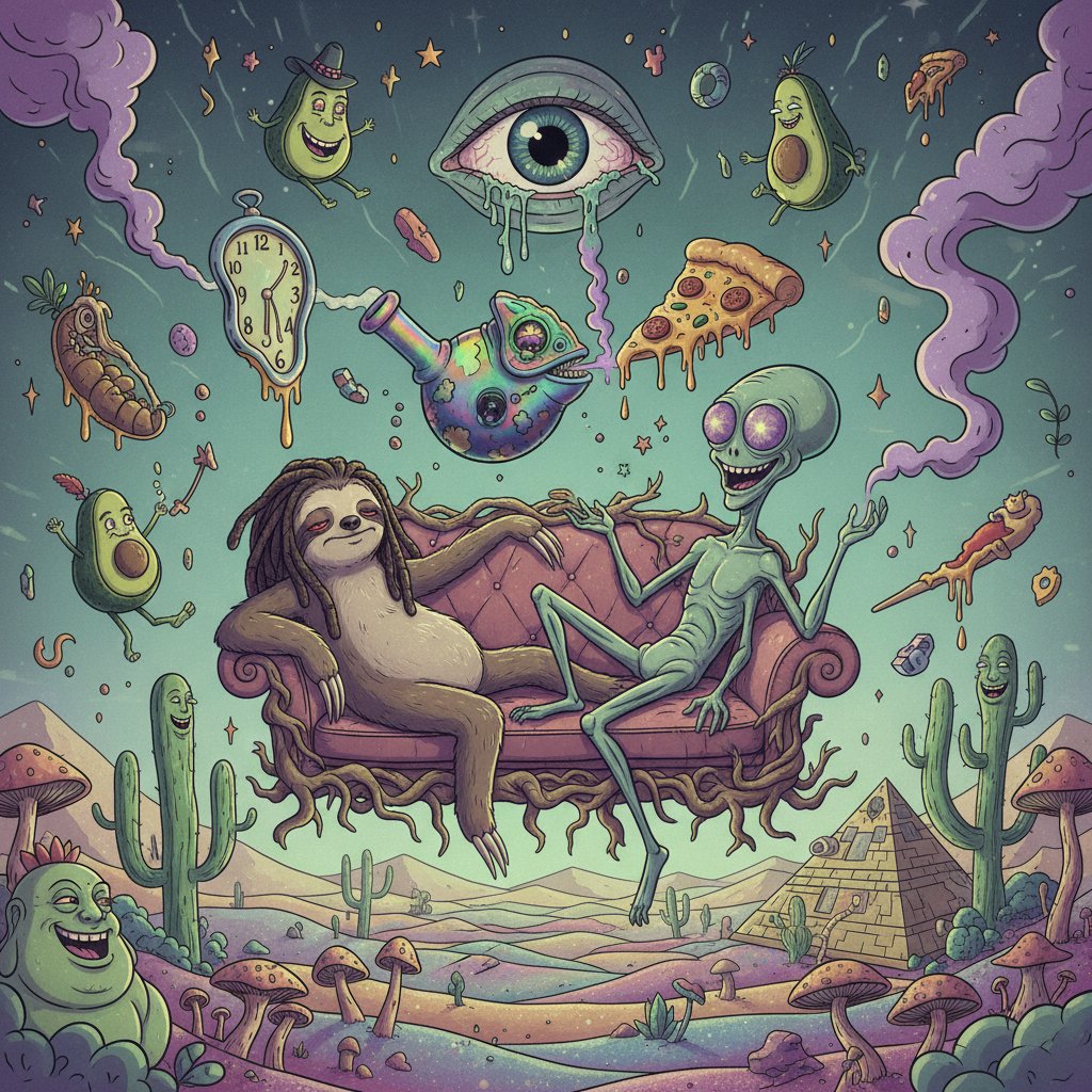 Characters in a surreal stoner comedy scene with symbolic props