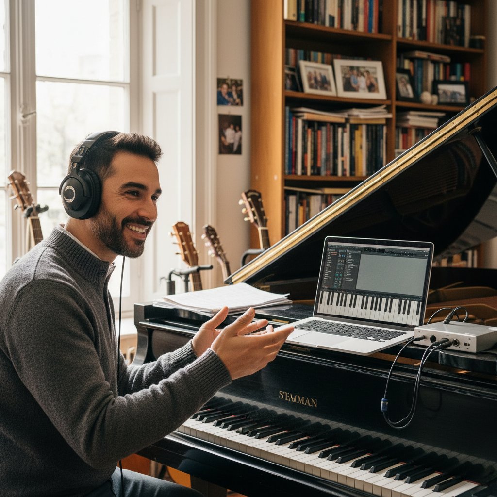 Charyzmatyczny korepetytor online z laptopem i słuchawkami gotowy do lekcji fortepianu