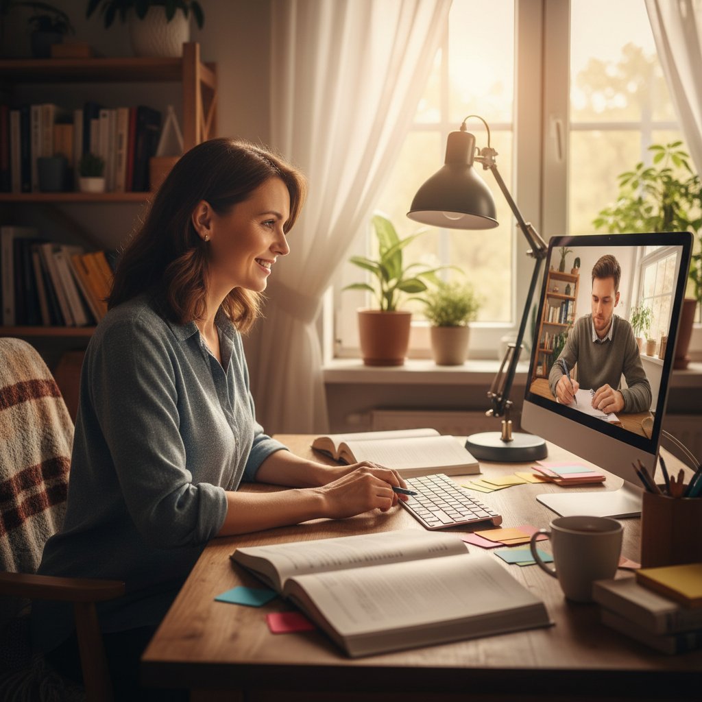 Indywidualna sesja z korepetytorem online podczas korepetycji przez internet, notatki na ekranie, ciepłe światło