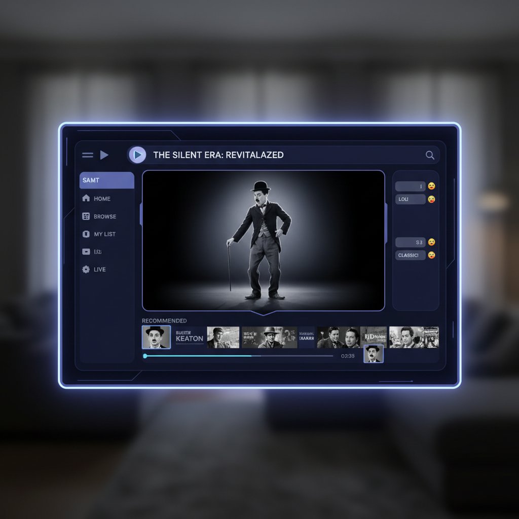 Stylized black-and-white portrait of Charlie Chaplin on a modern streaming interface