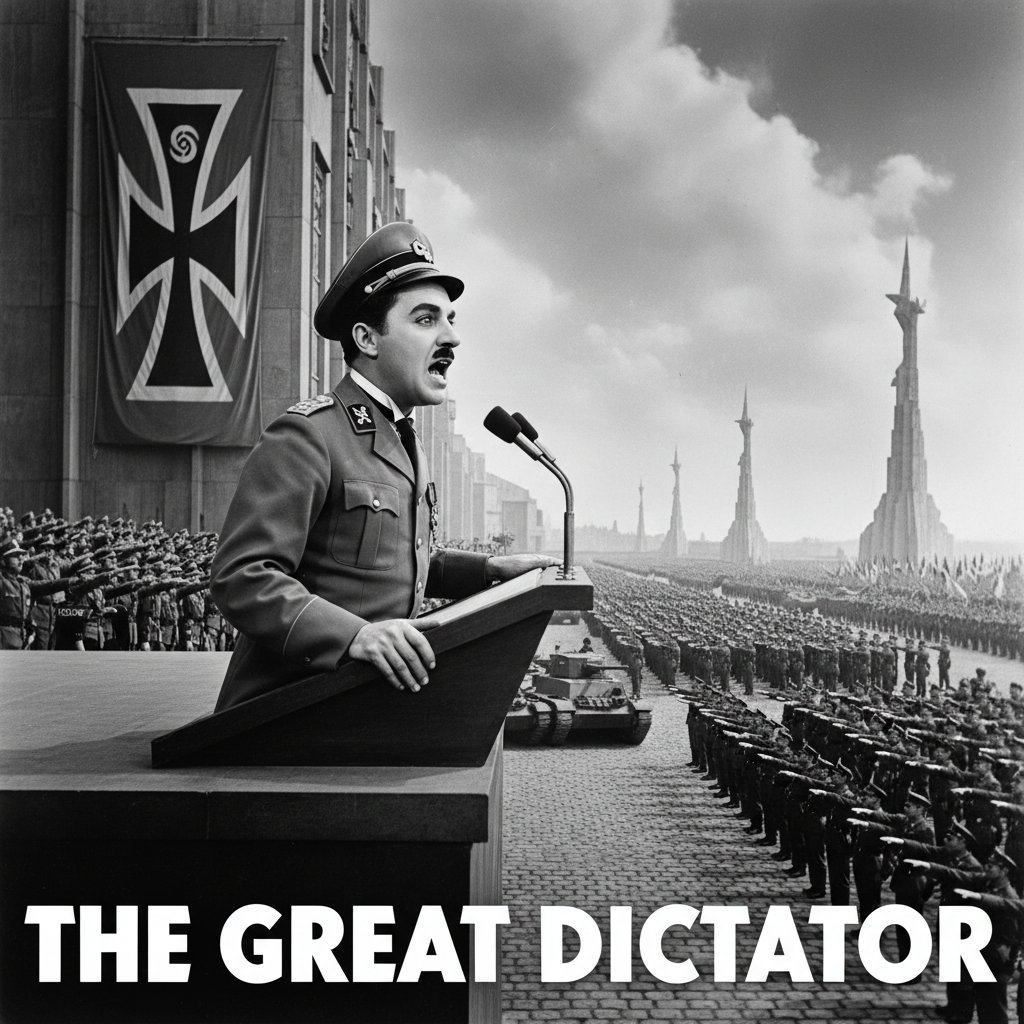 Black and white still of Charlie Chaplin in ‘The Great Dictator’ parodying authoritarian power