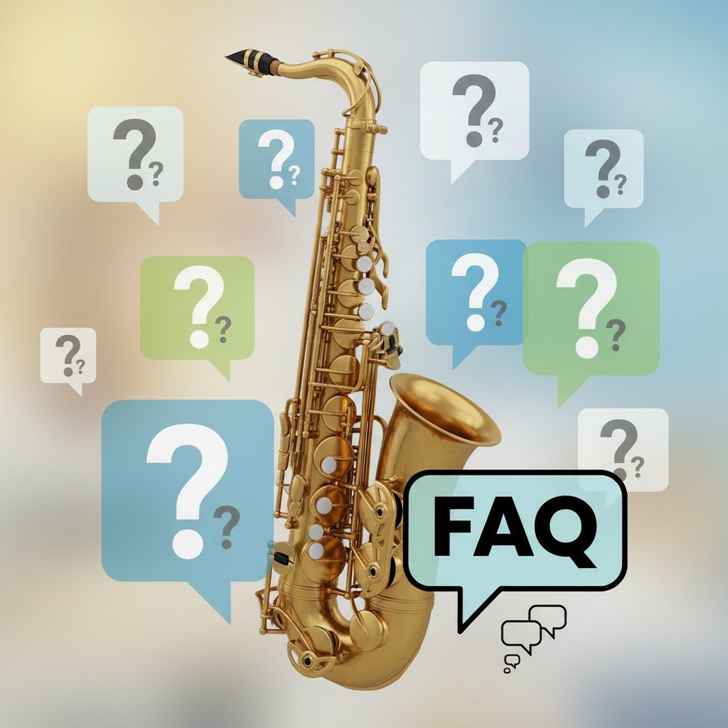 Najczęstsze pytania dotyczące nauki saksofonu online, grafika: dymki czatowe, znak zapytania, saksofon