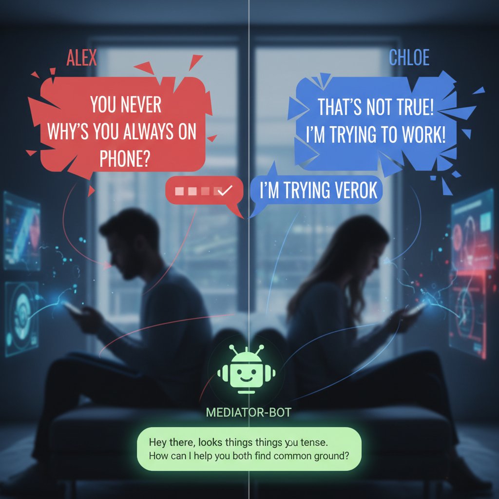 Artistic rendering: chat interface mediating a couple’s argument, AI-powered conflict resolution tool, digital age relationships