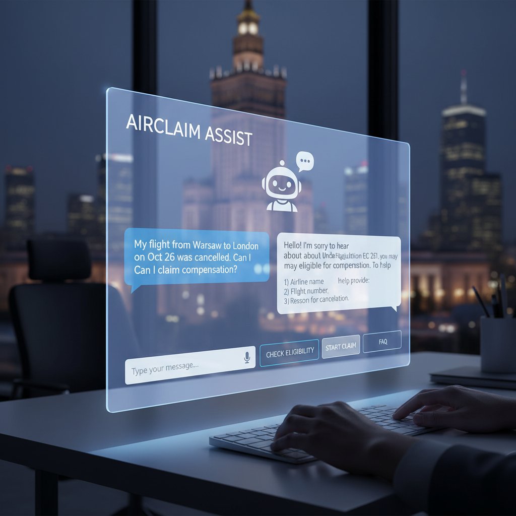 Chatbot AI pomagający w reklamacji anulowanych lotów, smartfon, Polska, 2024