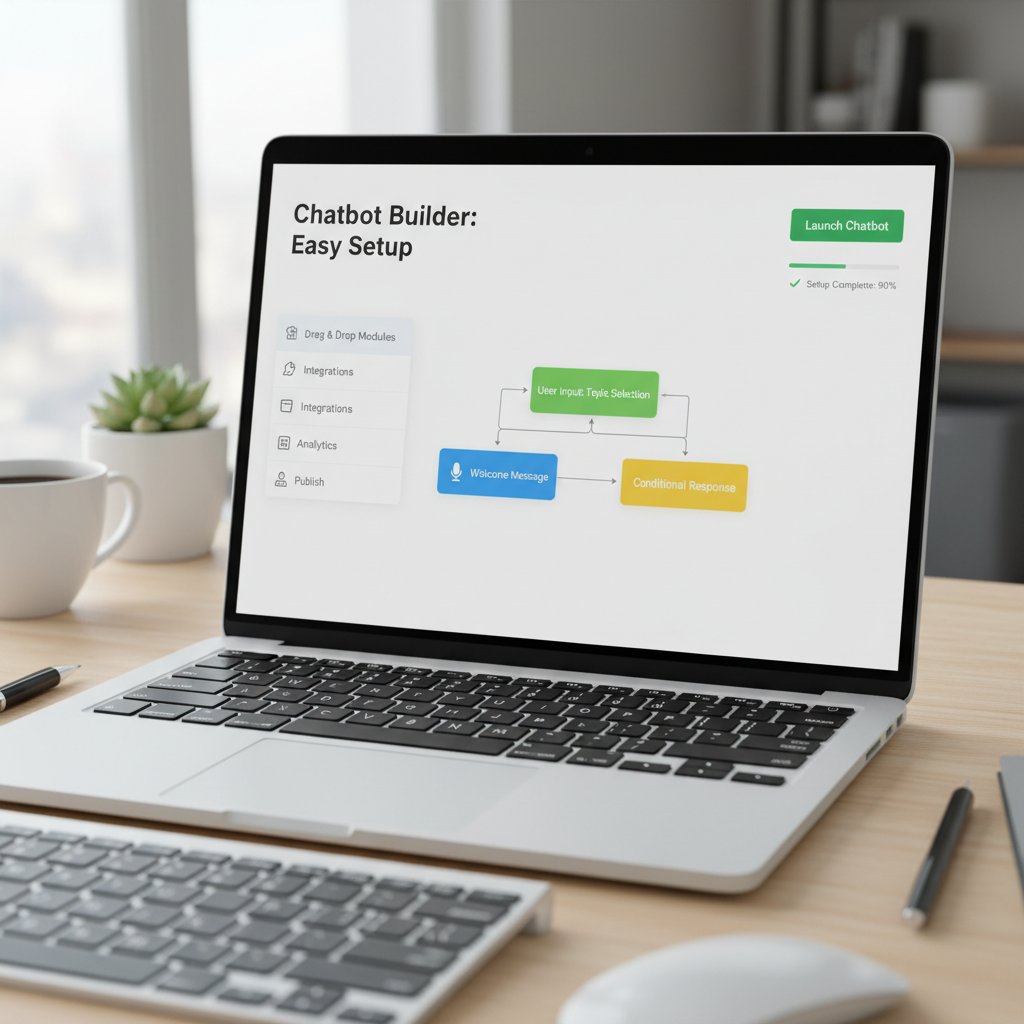 Kreator chatbotów na ekranie laptopa, pokazujący łatwość tworzenia bez kodowania