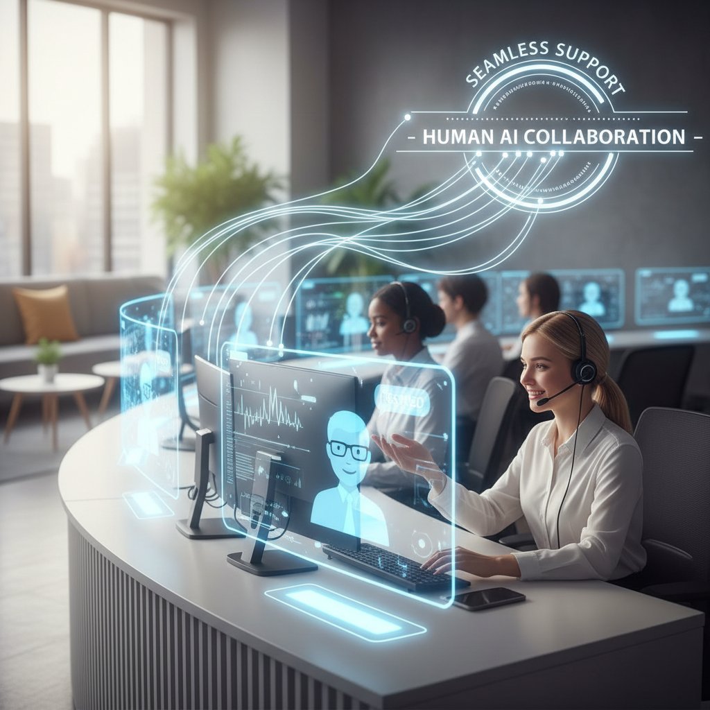 A human agent and chatbot working side-by-side to help a customer on a computer screen, symbolizing seamless support