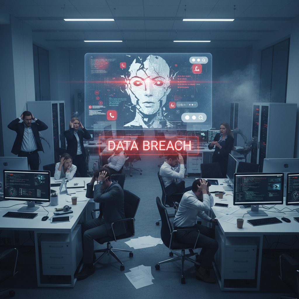 Pracownicy firmy reagują na awarię chatbota B2C, nowoczesne biuro, napięta atmosfera