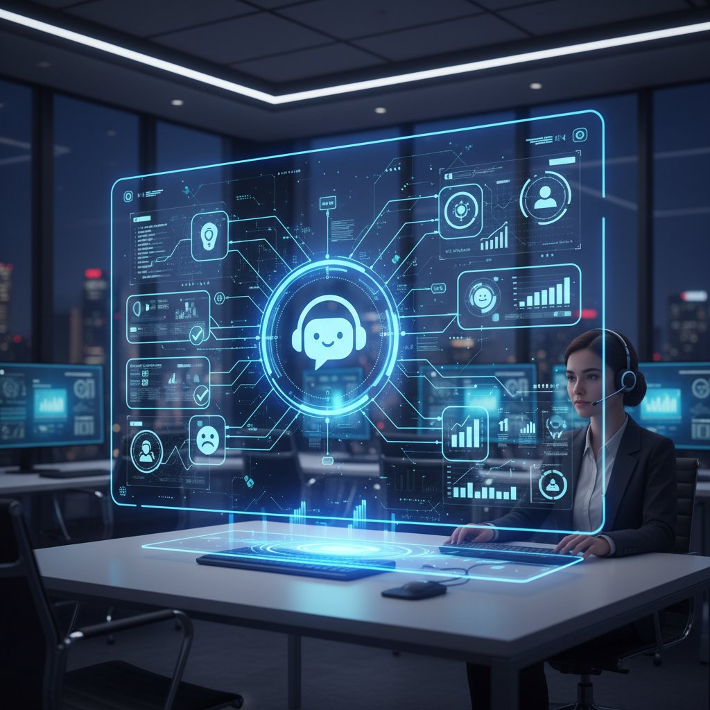 Cinematic before-and-after photo of chaotic call center and streamlined AI-powered support hub, illustrating transformation through chatbot for telecommunications
