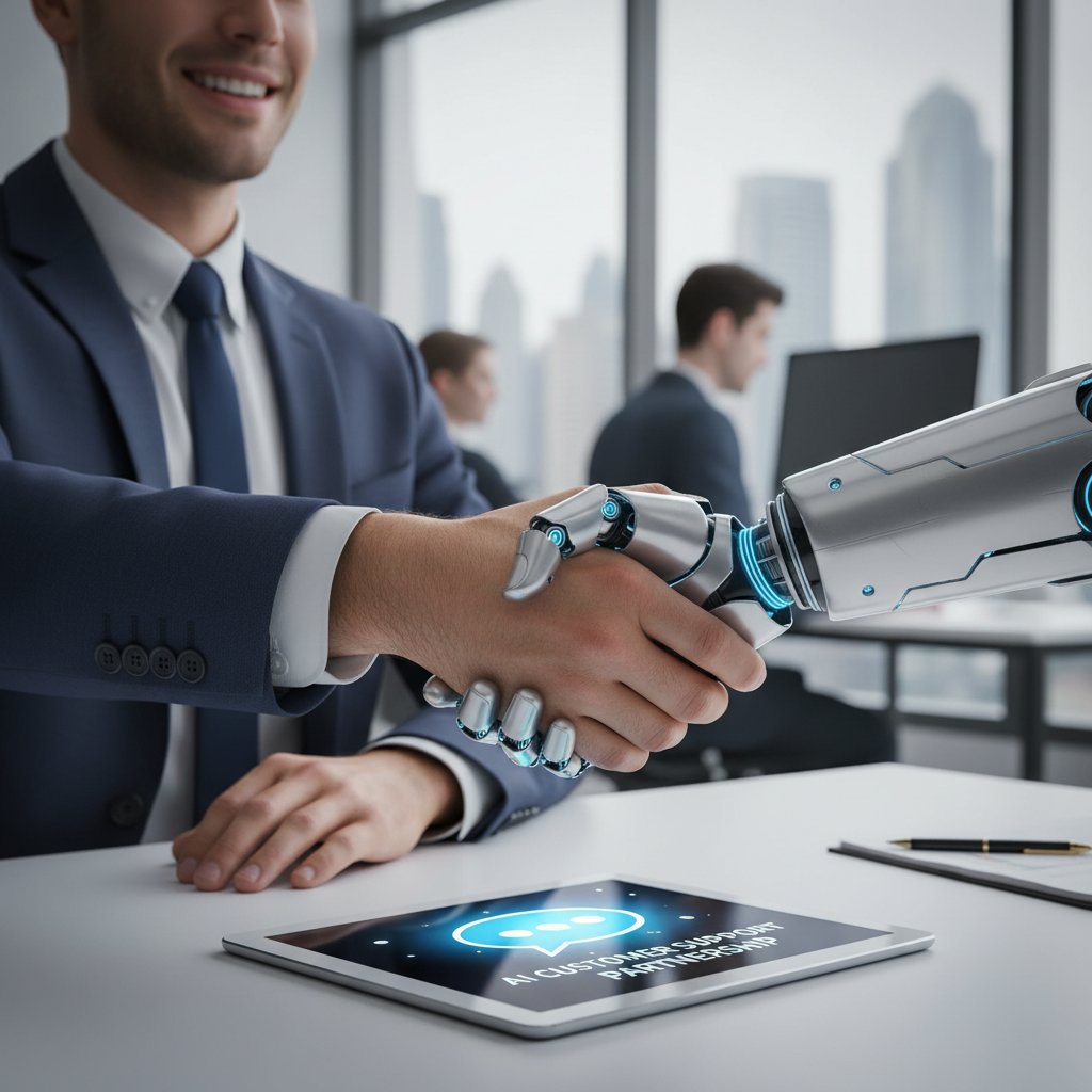 Chatbot and human shaking hands in silhouette, symbolizing partnership.