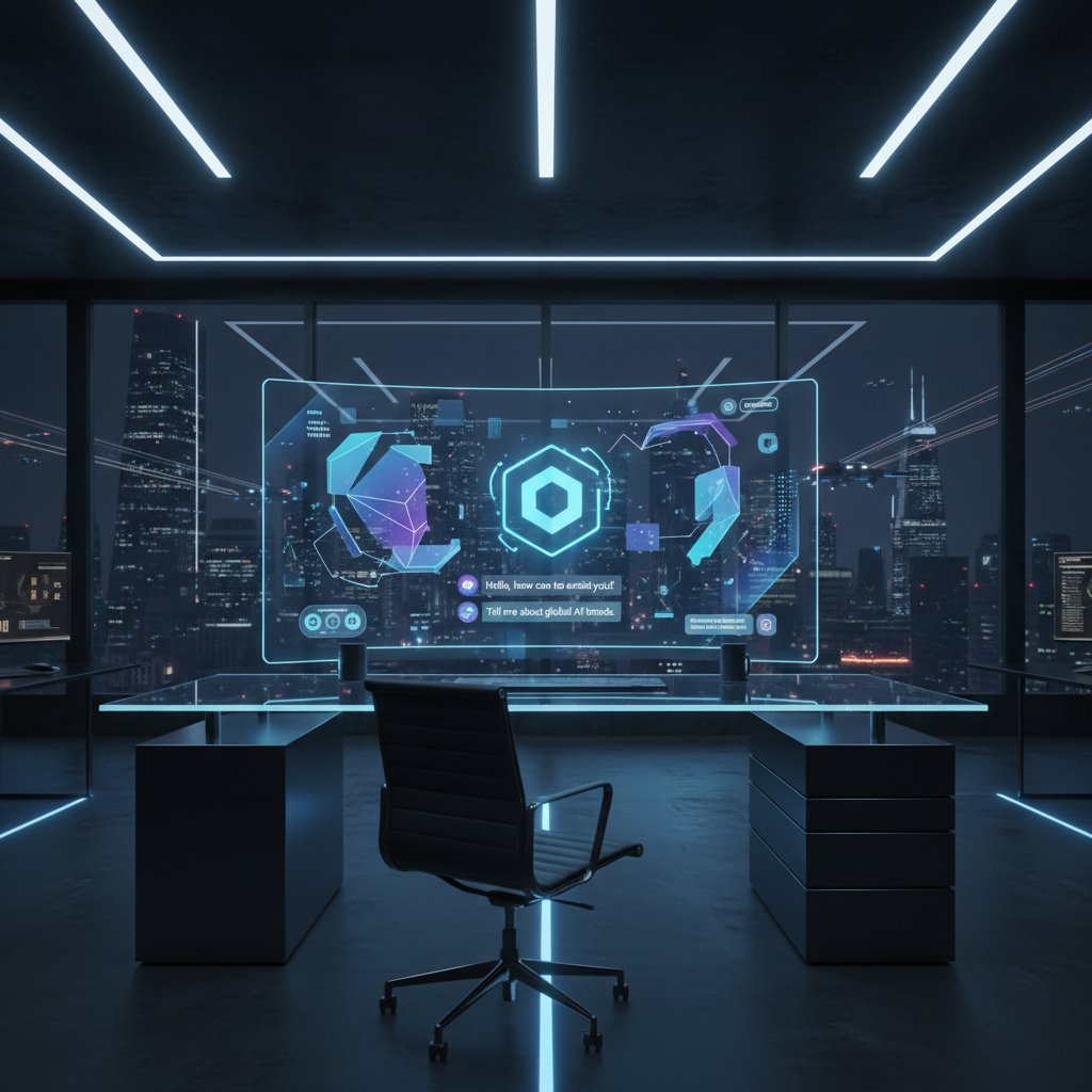 Stylizowany, nowoczesny interfejs chatbota rozświetlający ciemne biuro – high-tech klimat