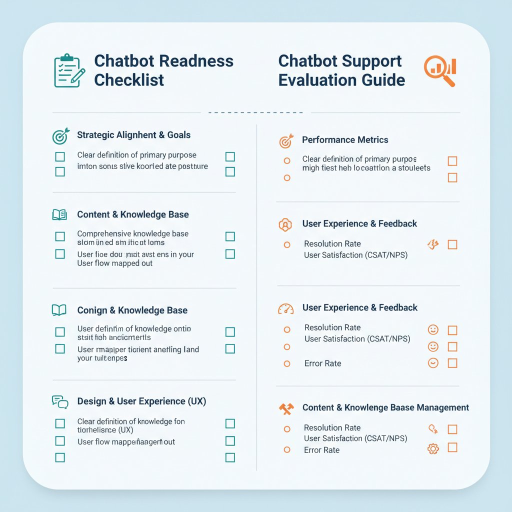 Checklist photo for evaluating chatbot support implementation, including analytics, escalation, and empathy