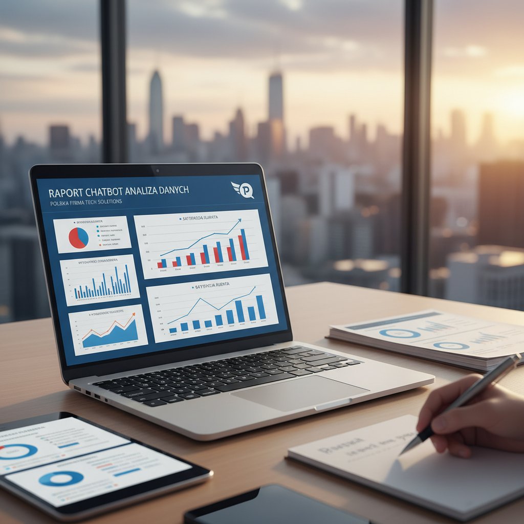 Analiza raportów efektywności chatbota na laptopie, wykresy, polska firma