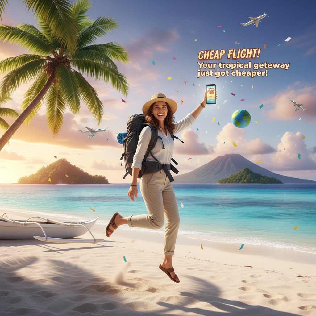 Traveler celebrating after scoring cheap flight thanks to flight alert notification, at exotic international destination