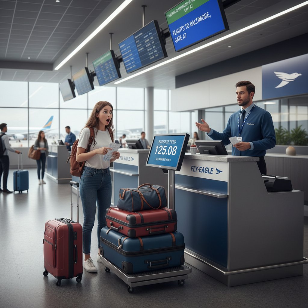 Photo of a traveler at the check-in counter, looking surprised at extra baggage fees for a flight to Baltimore