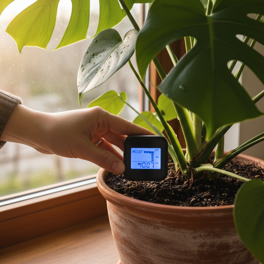 Osoba sprawdzająca wilgotność podłoża rośliny doniczkowej palcem