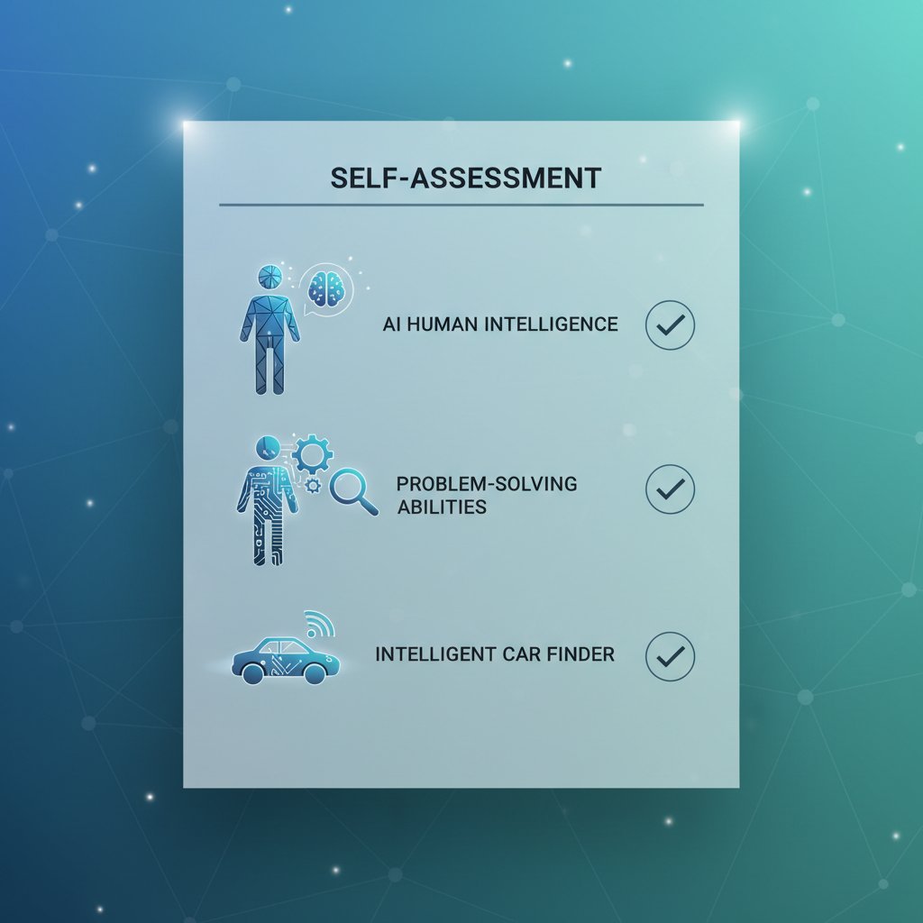Infographic-style photo of a checklist with AI and human icons, symbolizing self-evaluation in smart car searching