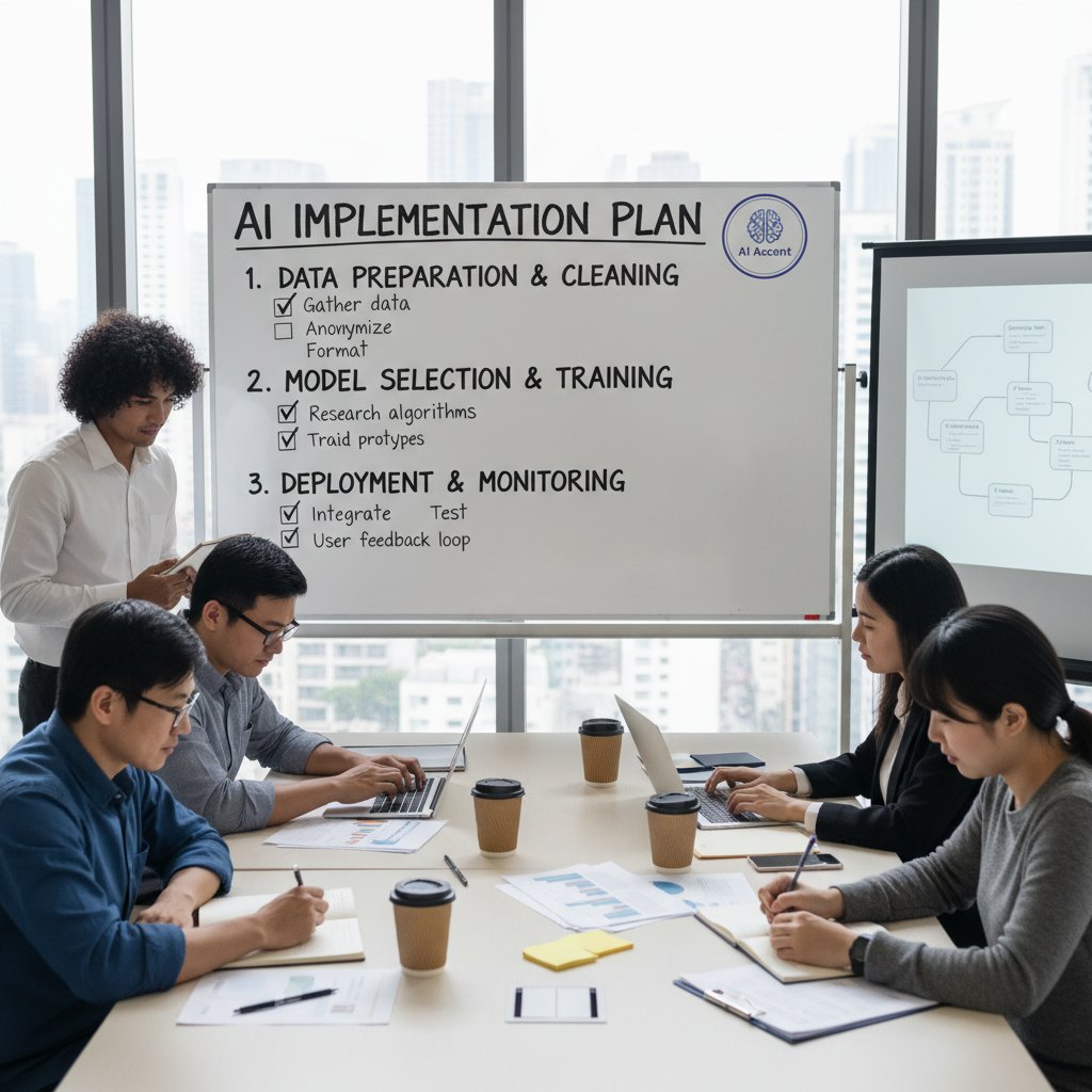 Lista kontrolna wdrożenia AI, wypisana na biurowej tablicy w otoczeniu zespołu