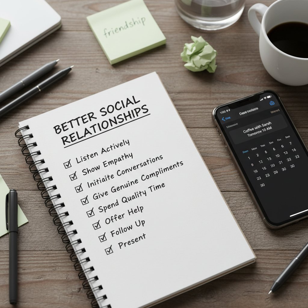 Checklist prowadzący do lepszych relacji społecznych, notatki i telefon na stole
