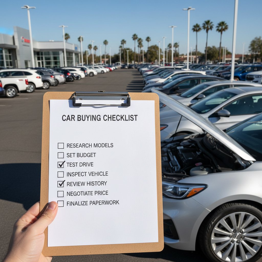 Hand holding value retention checklist, parked cars in daylight, candid photo