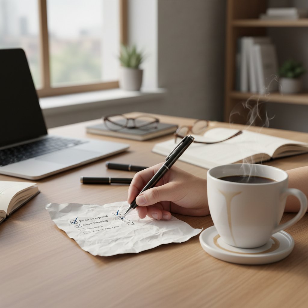 Checklista na biurku, przy którym siedzi osoba z kubkiem kawy, symbolizująca pierwsze kroki w walce z wypaleniem