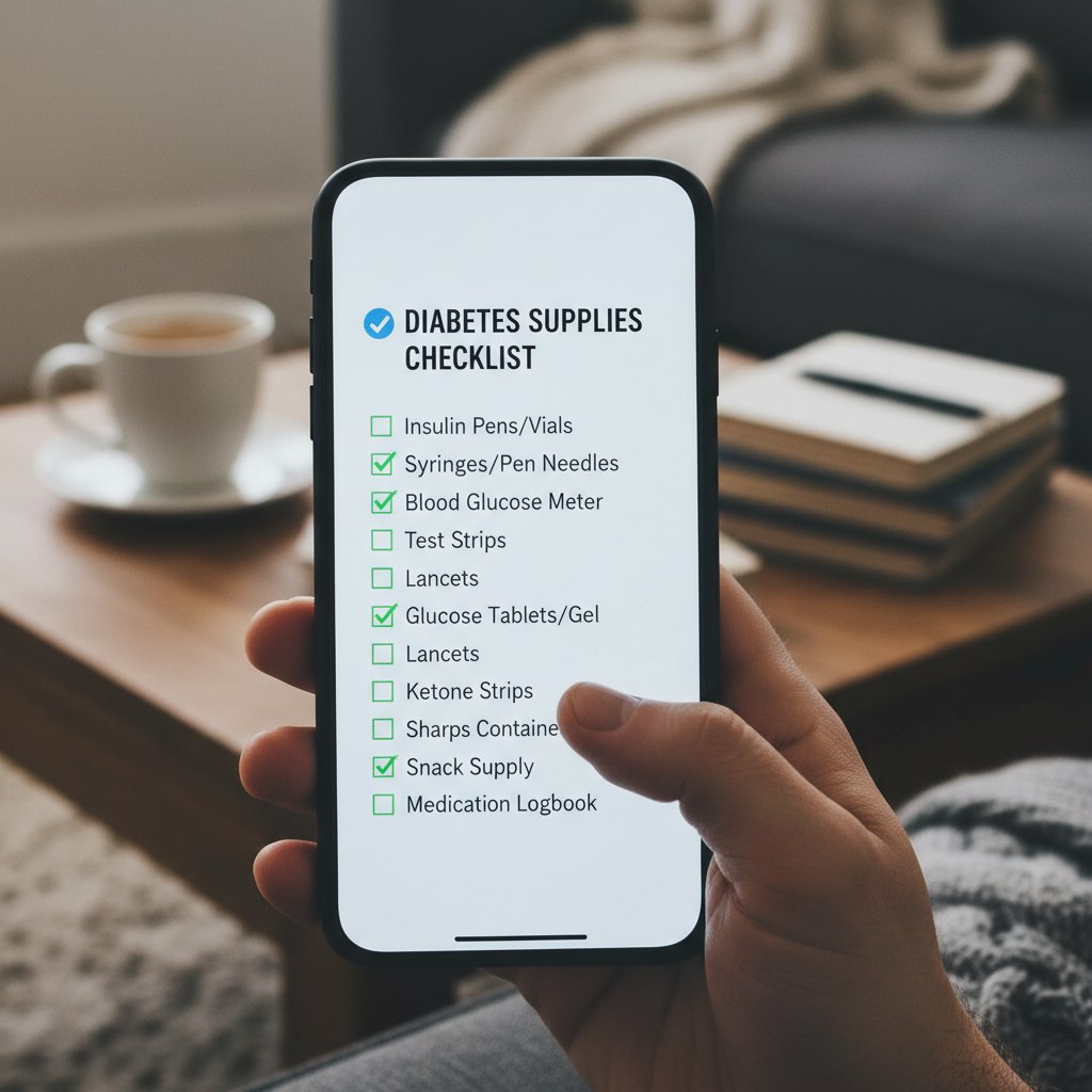 Lista kontrolna i przybory diabetologiczne na ekranie telefonu, domowa sceneria, wyraźny focus
