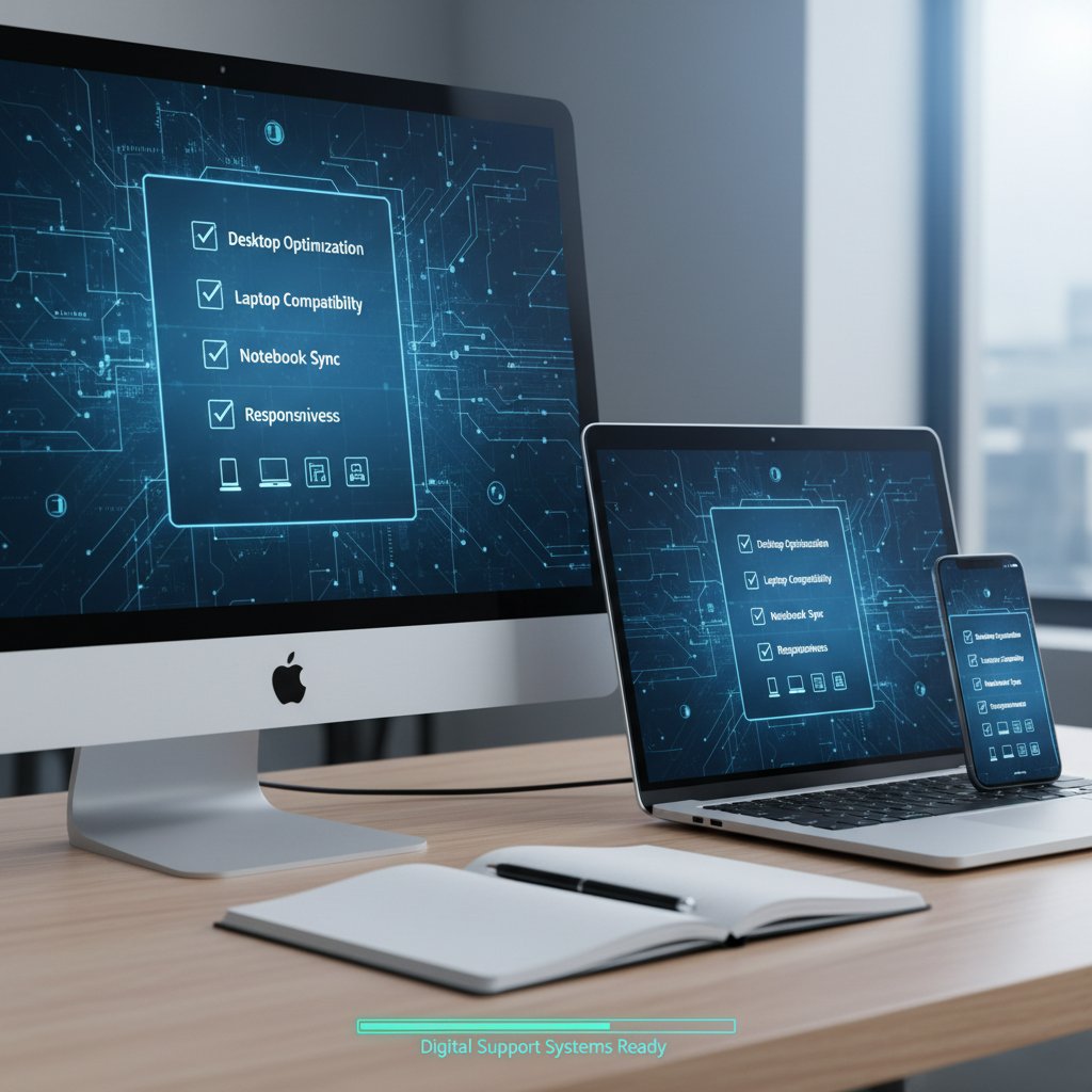Nahaufnahme moderner Desktop mit Laptop, Notizbuch und Smartphone, Checkliste für digitale Unterstützung sichtbar