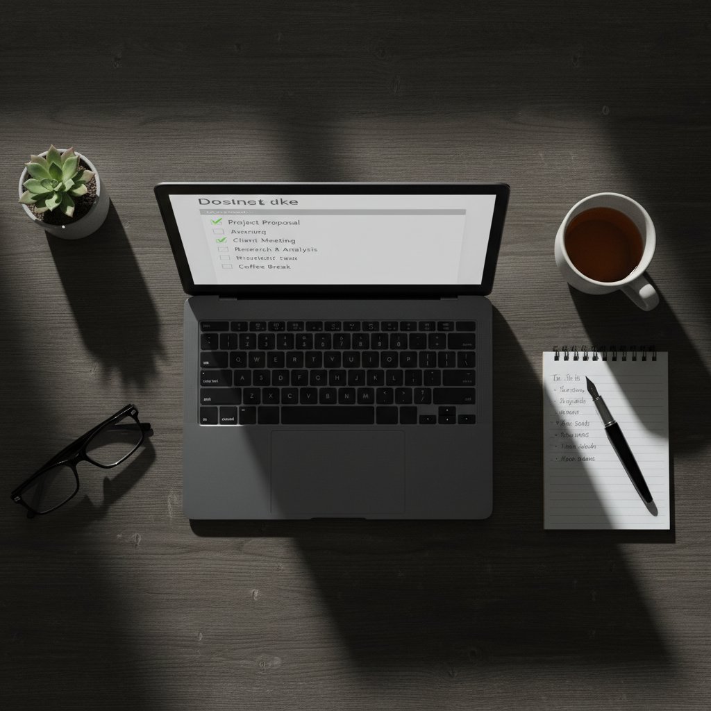 Lista kontrolna startu biznesu korepetycji online – płaski lay z laptopem, checklistą i długopisem, klimatyczne światło, 16:9