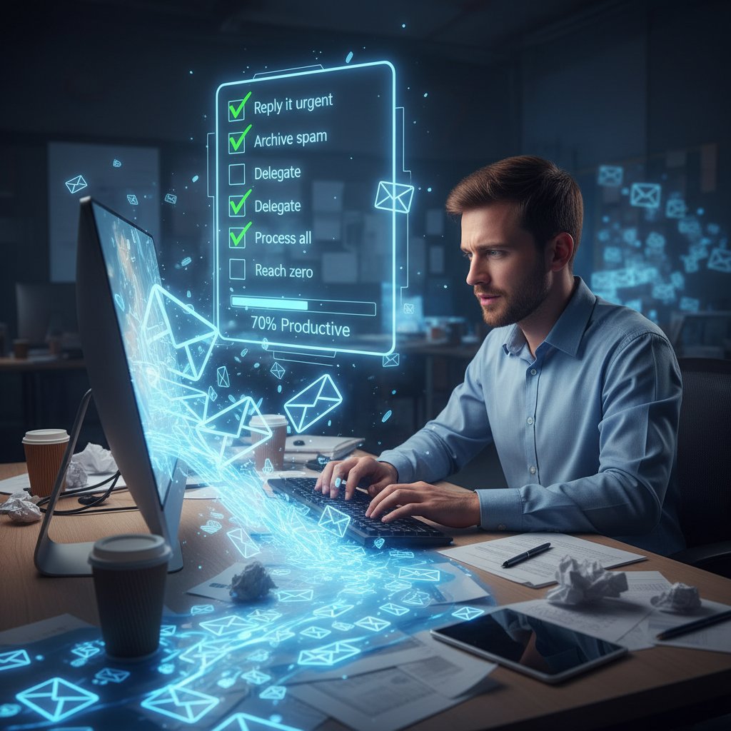 Photo showing a checklist overlaying a flooded inbox, reflecting email productivity self-assessment.