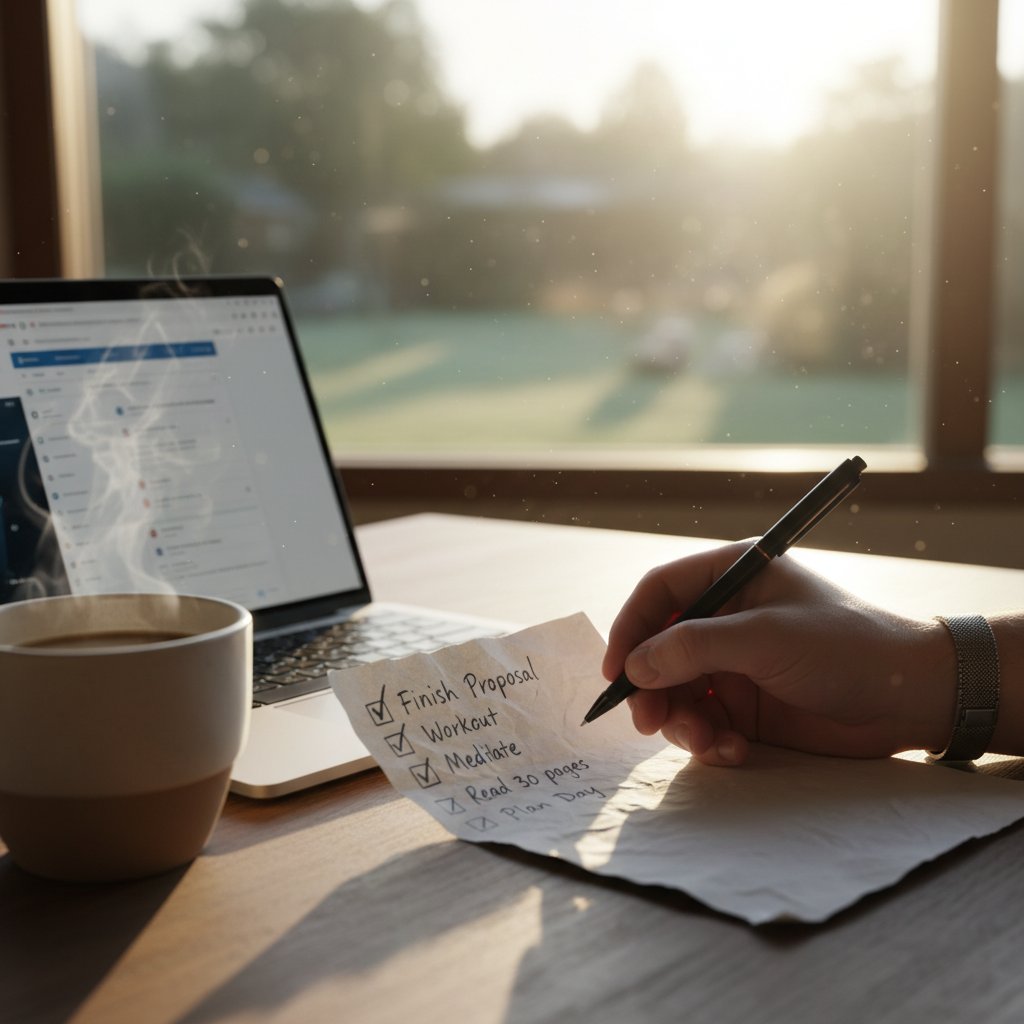 Lista kontrolna postępów w nauce WOS online, ręce odhaczające cele, kawa, laptop, poranne światło