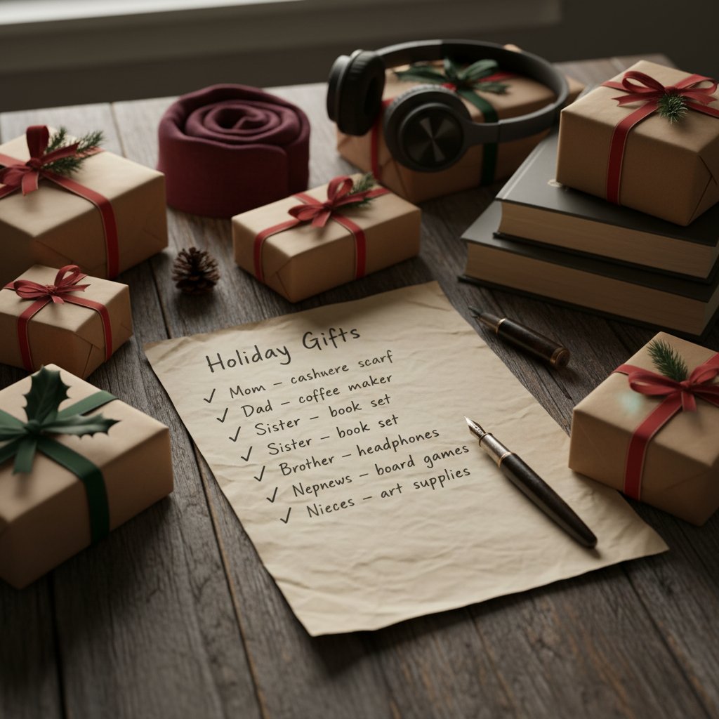 Checklista i prezenty na stole