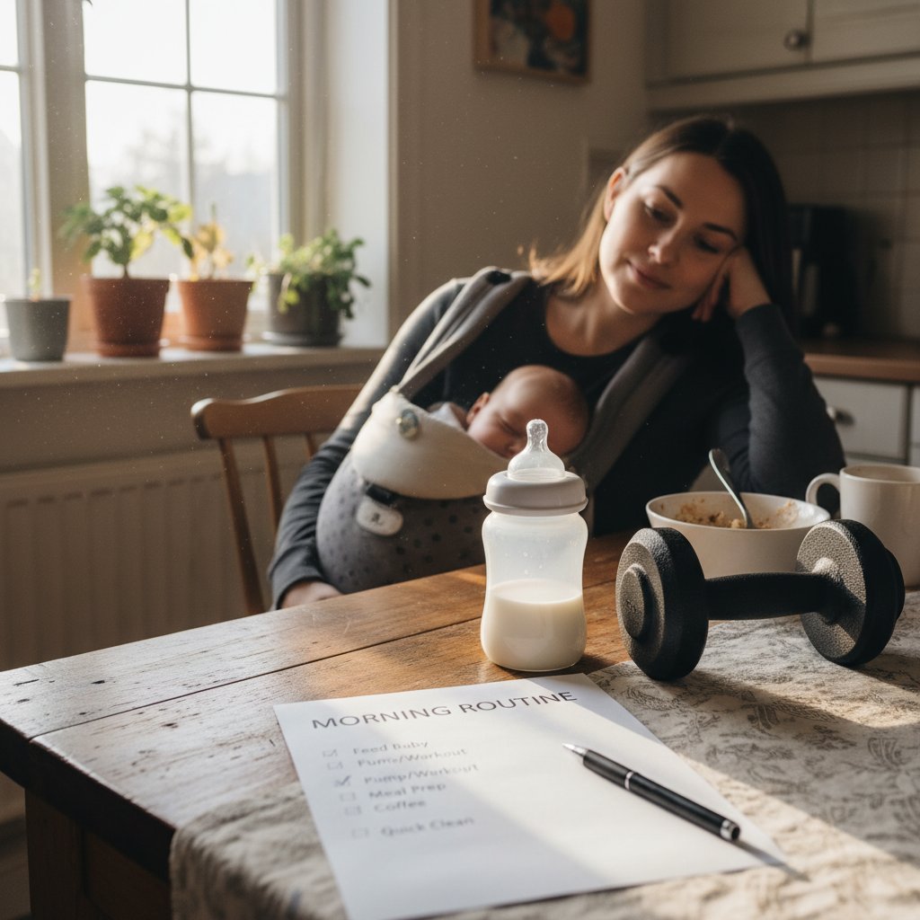 Lista startowa do treningów online dla młodych mam na stole kuchennym, w tle butelka dla dziecka i hantle