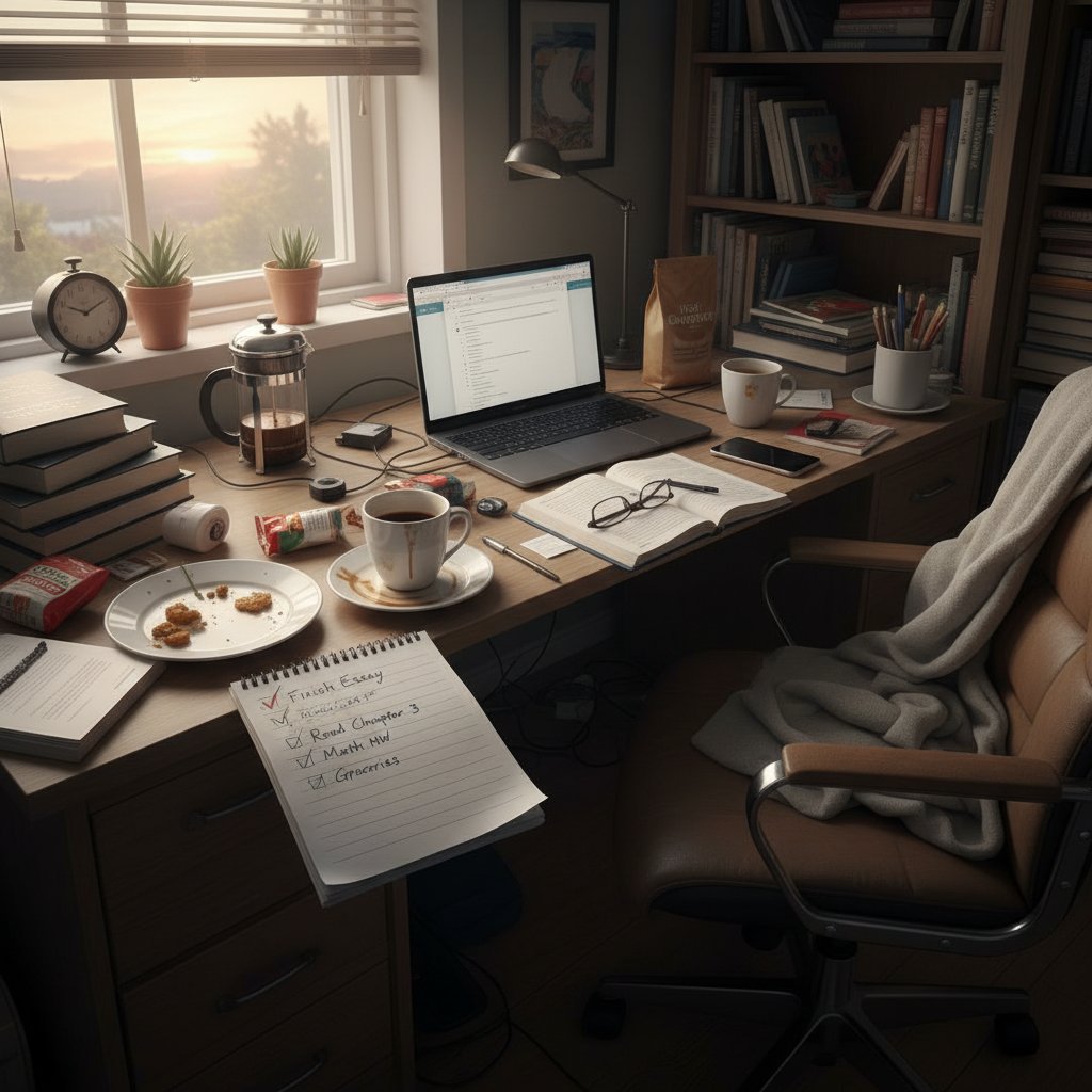 Lista kontrolna wyboru korepetycji zdalnych, bałagan na biurku, poranna kawa, uczeń odhaczający punkty