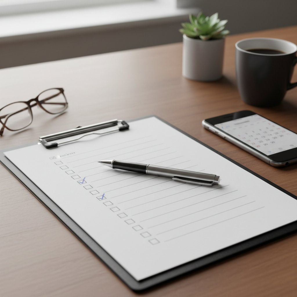 Checkliste zur Vorbereitung auf digitale Psychoedukation, flach ausgelegter Schreibtisch mit Handy und Stift