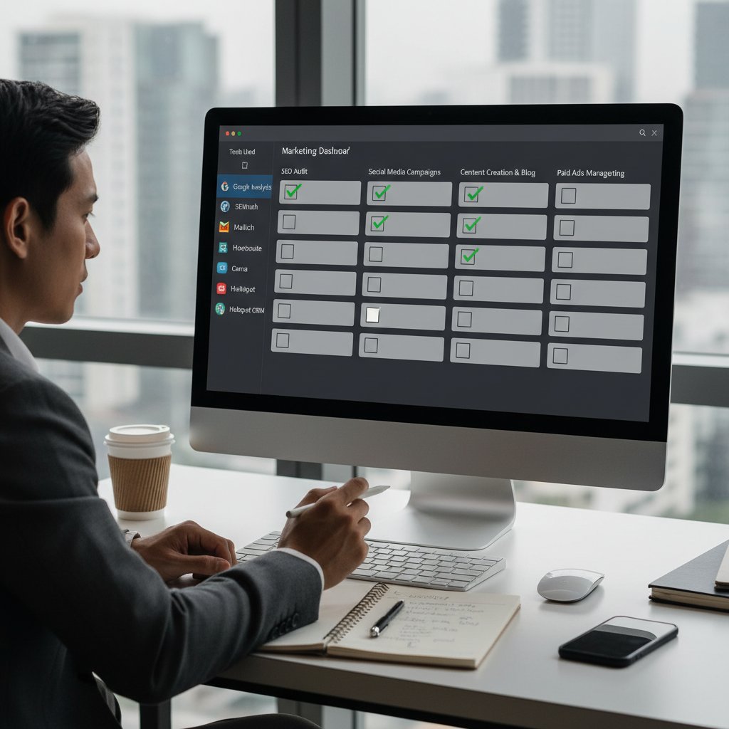 Osoba analizująca checklistę na tle ekranu komputera, słowa kluczowe: wybór narzędzi marketingowych, przewodnik, AI marketing