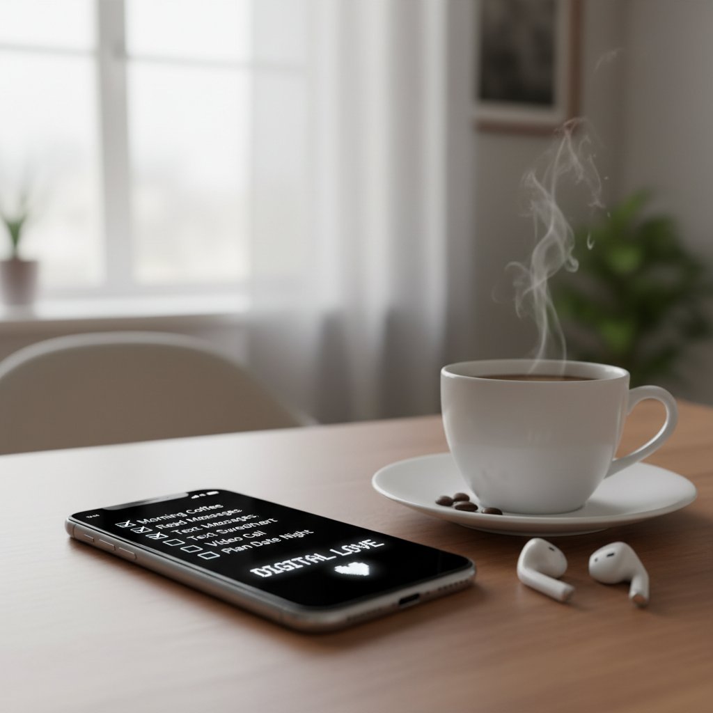 Zettel mit Checkliste, Smartphone und Kaffeetasse auf Schreibtisch – Thema Entscheidung für digitale Liebessimulation