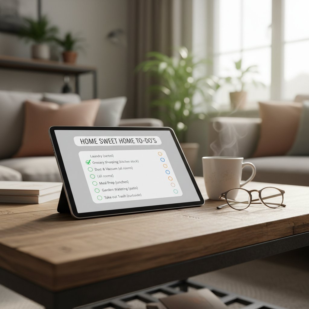 Osoba wypełnia checklistę na tablecie w domowym otoczeniu, symbolizującą monitorowanie postępów w terapii stresu