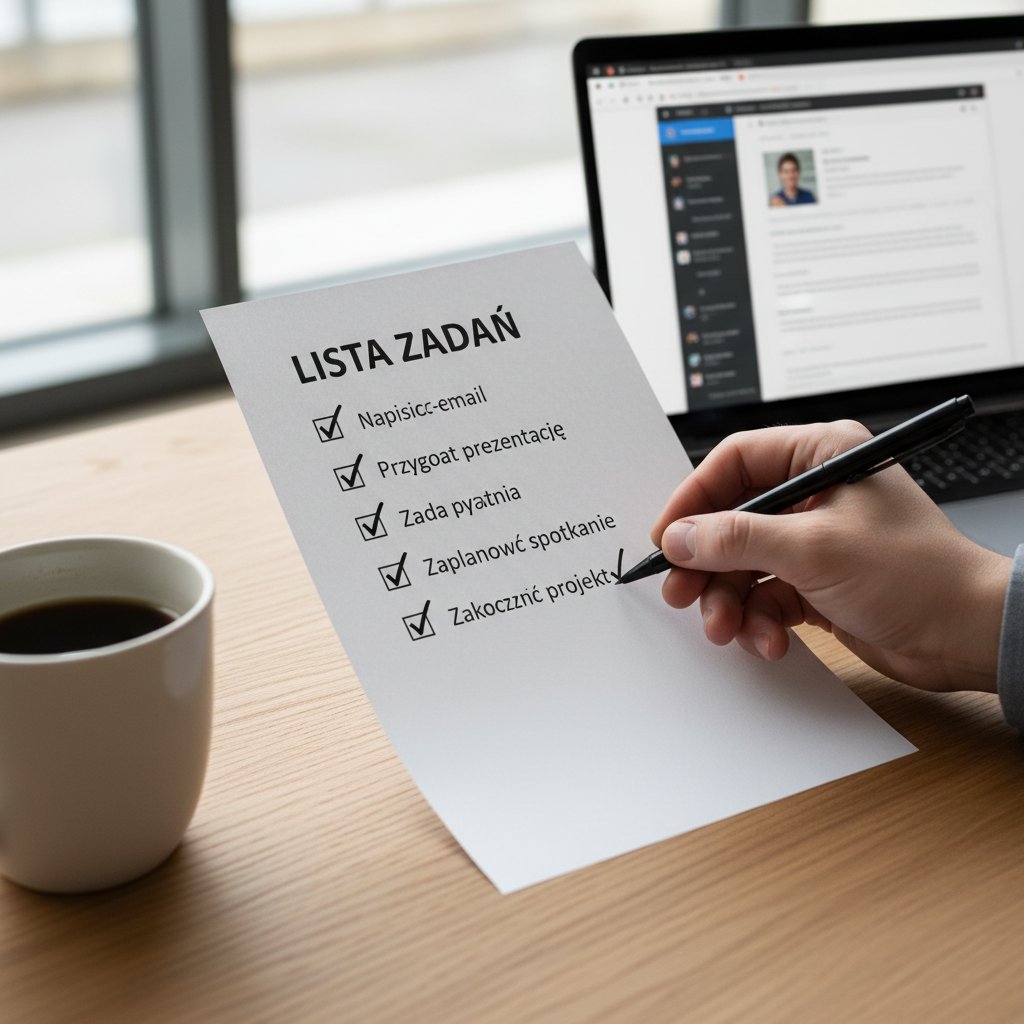 Lista kontrolna wyboru korepetycji online na biurku, ręka z długopisem odhacza polskie pozycje, nowoczesne biurko