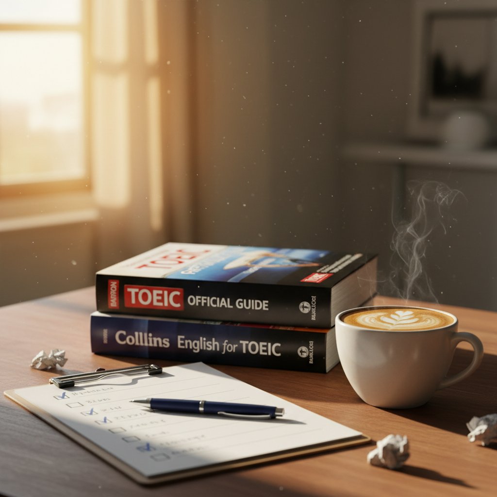 Lista kontrolna TOEIC online obok książek i kawy, wczesny ranek, gotowość do działania