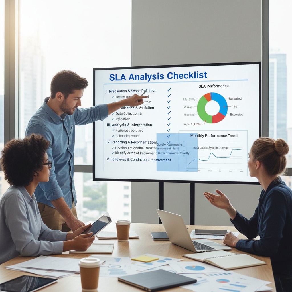 Zespół analizujący checklistę SLA w sali konferencyjnej, skupienie i współpraca