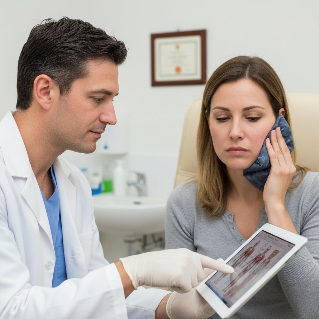 Pacjentka z opuchlizną policzka po zabiegu, konsultacja u lekarza