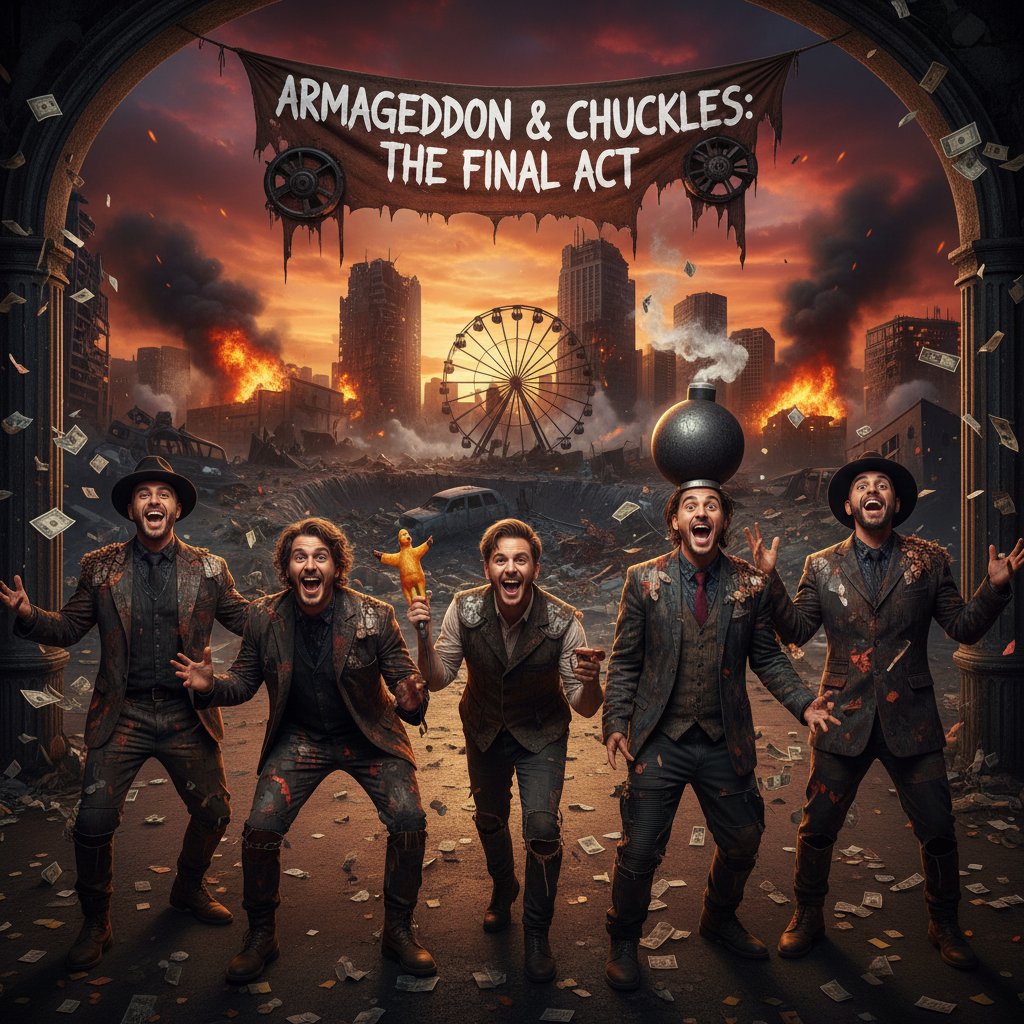 Group of cheerful faces with destruction in the background, edgy symbolic composition, movie end world comedy movies