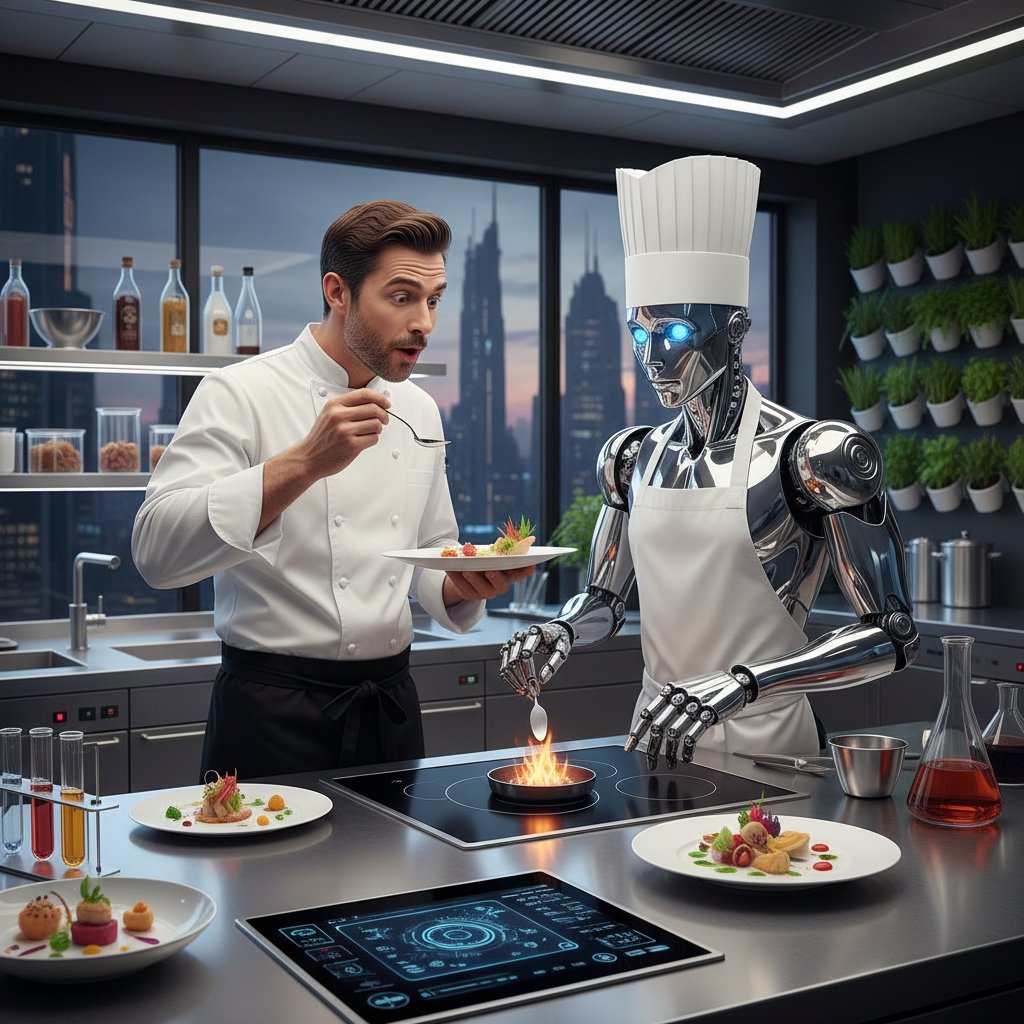 Szef kuchni degustujący danie przygotowane przez robota kuchennego, intensywne światło, skupienie