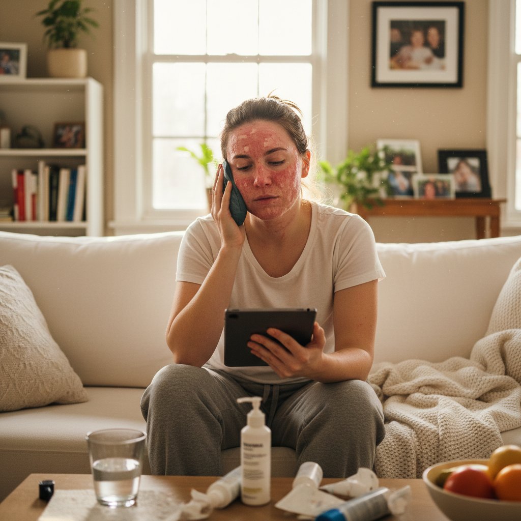 Realistyczny portret rekonwalescencji po peelingu chemicznym w domu, dokumentalny styl