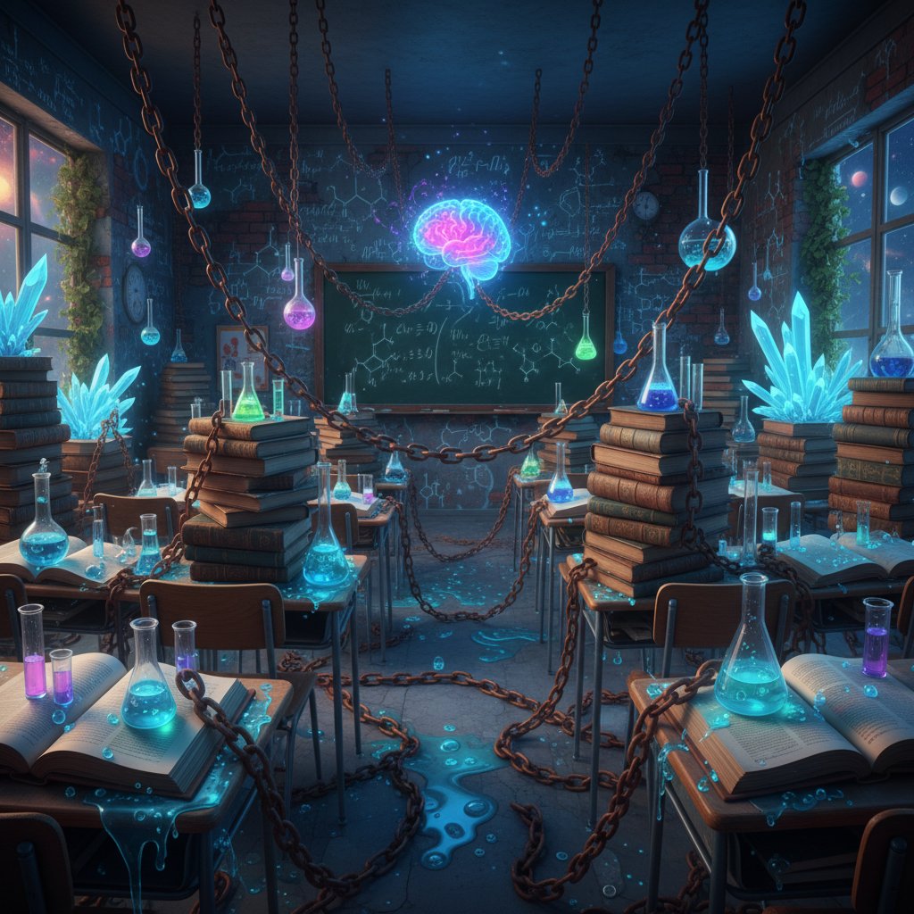 Mity o nauce chemii jako kajdany – stylizowane zdjęcie podręczników przypominających łańcuchy w szkolnej klasie