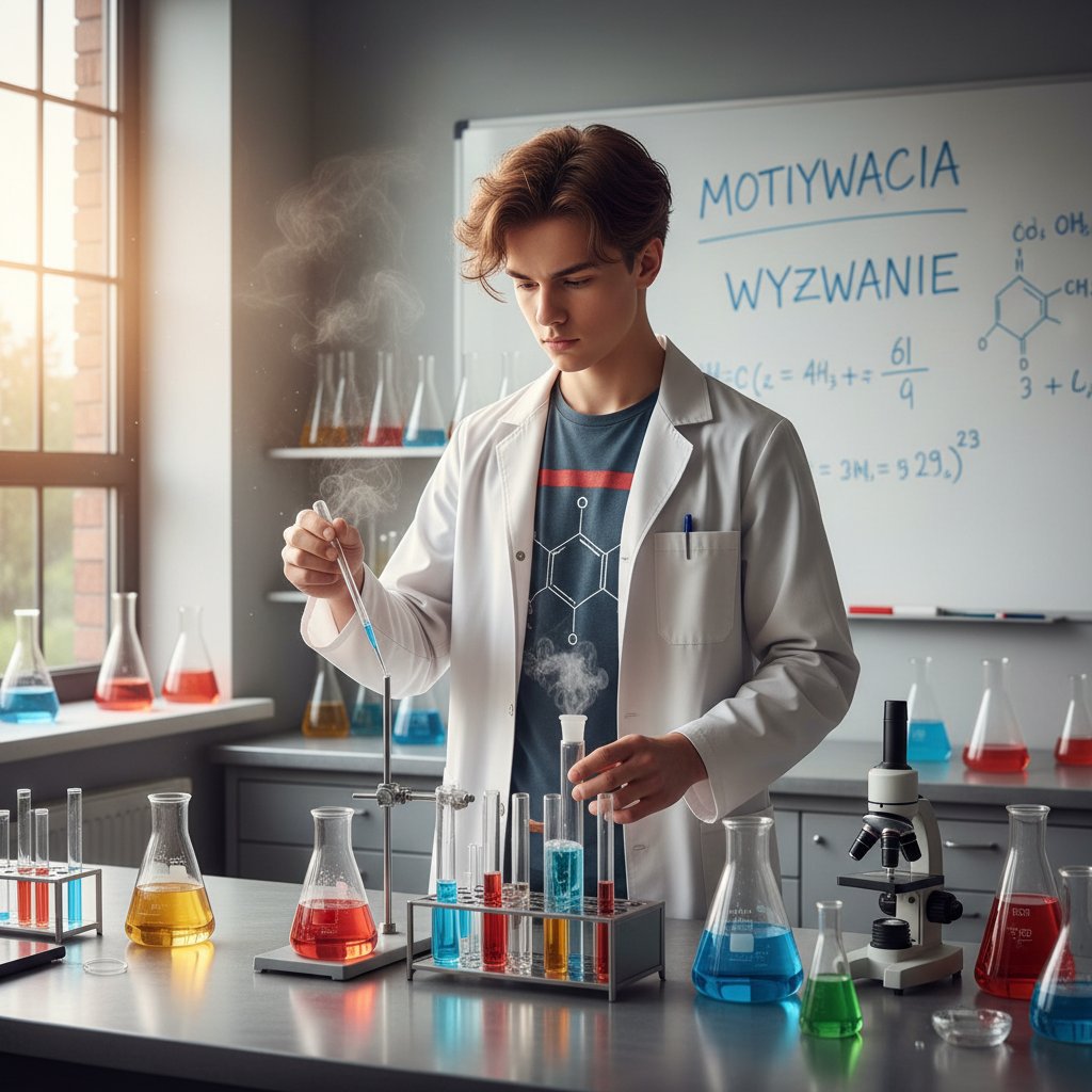 Student technikum walczący z brakiem motywacji podczas nauki chemii online